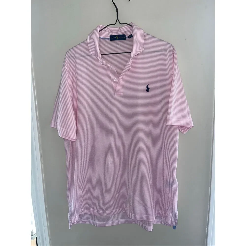 Ralph Lauren Men’s Wicking Polo Pink White Stripe Large